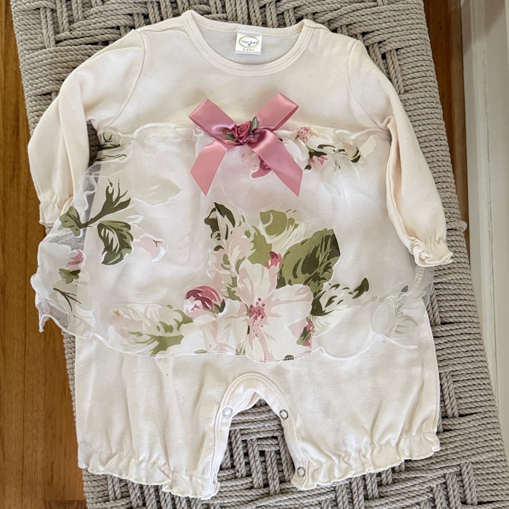 Tesa Babe Floral Romper 6-12M Ivory Pink Bow Sheer Ruffle